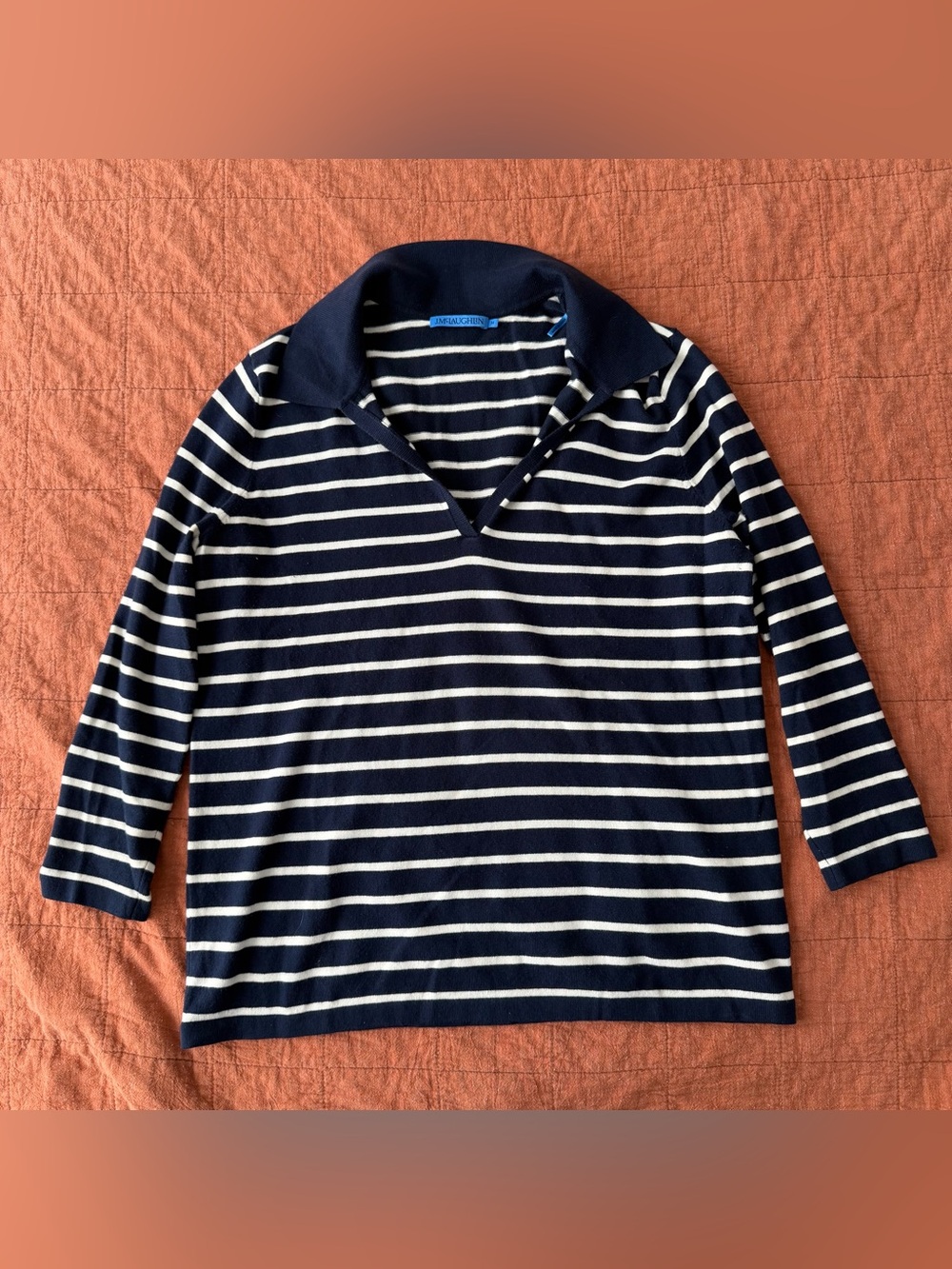 J. McLaughlin Rugby Polo Sweater M Navy White Stripe 3/4 Sleeve Nautical Coastal